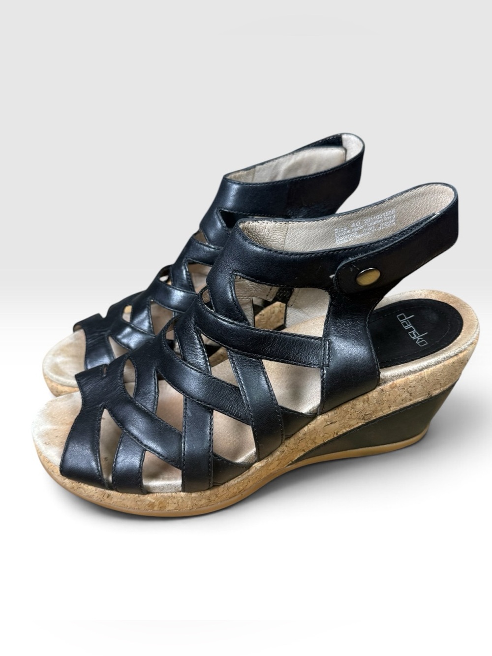Dansko Womens 40 Black Leather Strappy Cork Wedge Sandals Comfort Shoes